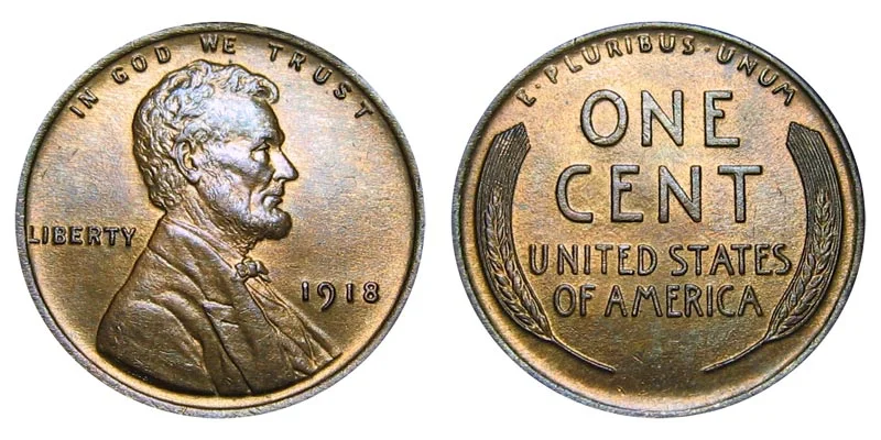 1918 Lincoln wheat penny obverse and reverse showing Lincoln portrait and wheat stalks