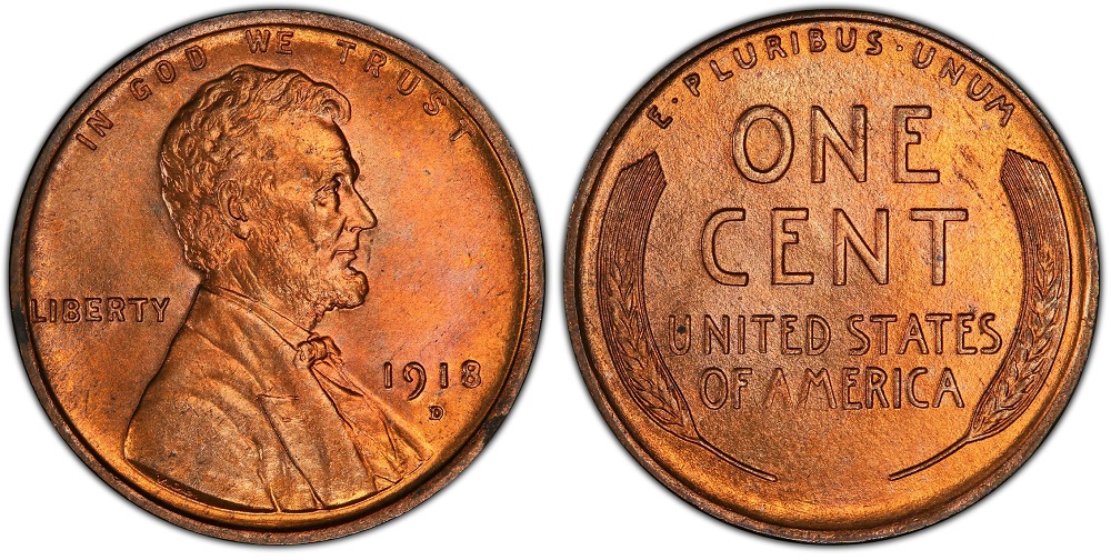 Comparison of a normal 1918 wheat penny versus a 1918 flip-over double strike error coin showing overlapping inverted images