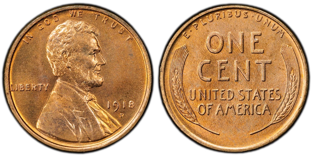 1918-D wheat penny repunched mint mark RPM close-up showing secondary D impression above or below the primary D