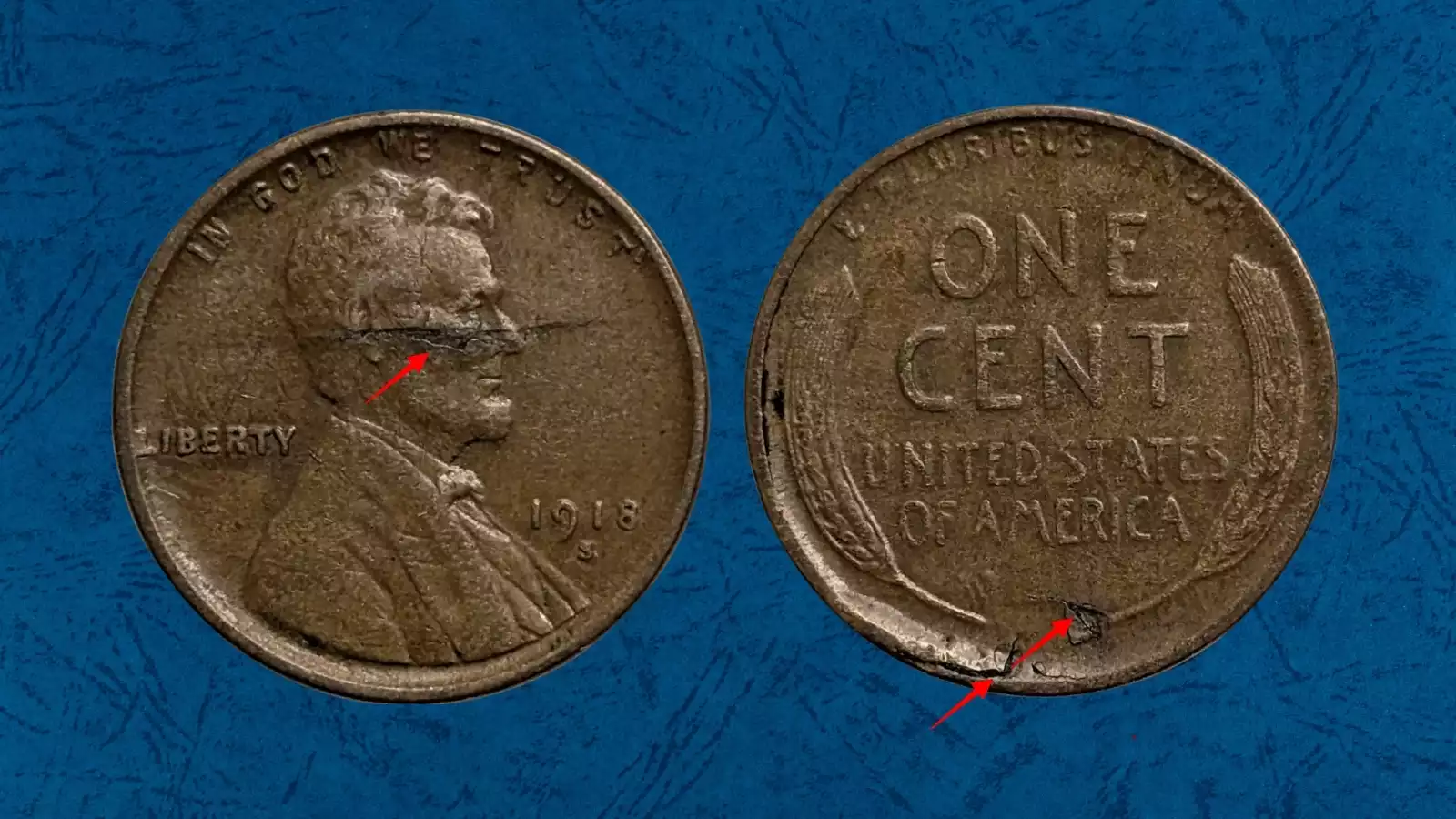 1918 wheat penny lamination error showing peeling or flaking copper planchet surface