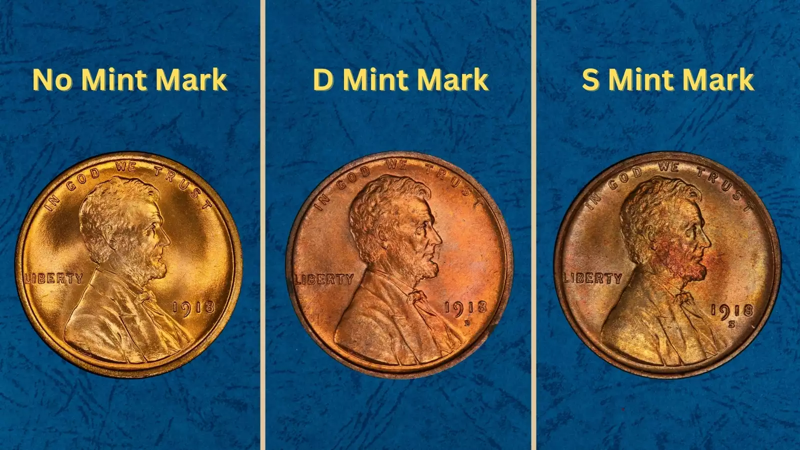 Group of 1918 Lincoln wheat pennies from Philadelphia, Denver, and San Francisco mints displayed together