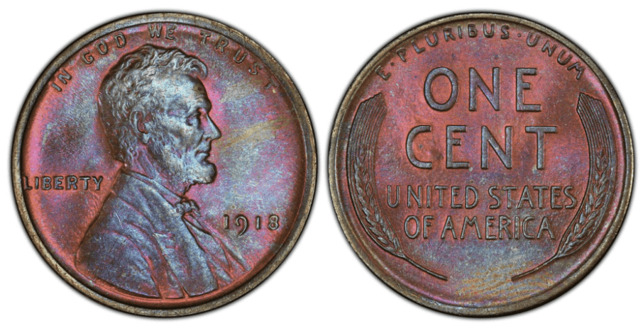 1918 wheat penny grading strip showing four condition tiers from worn Good through Gem Mint State